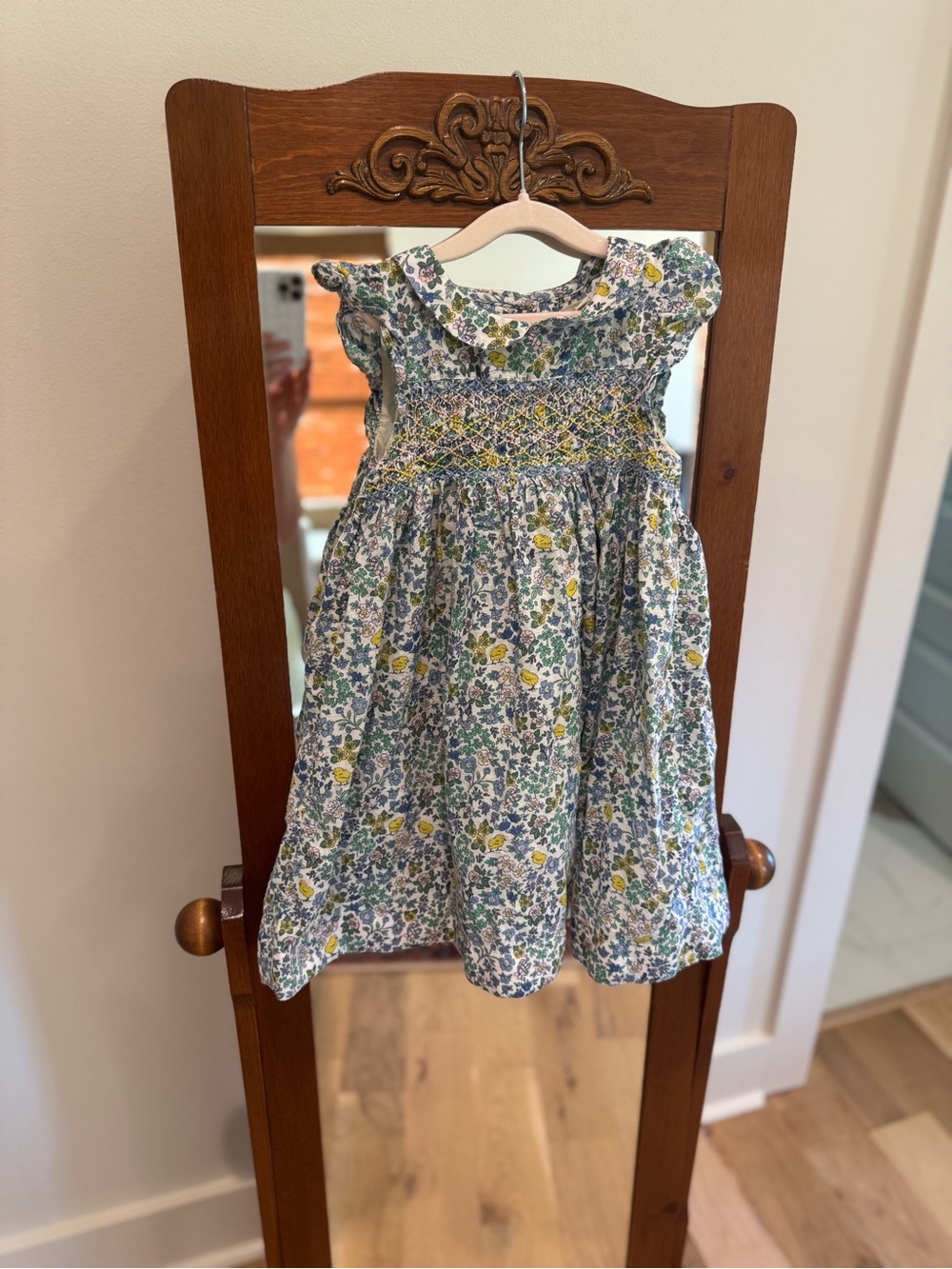 Mini Boden Girls Floral Smocked Dress - Blue & Yellow